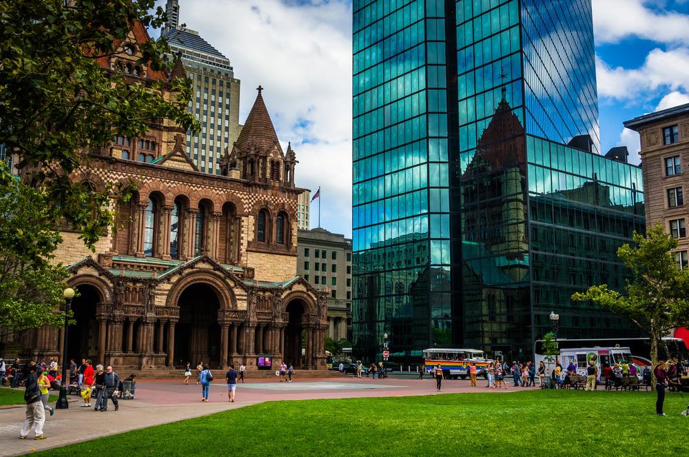 The John Hancock Building and Trinity Church at Copley Square in Boston, Massachusetts.